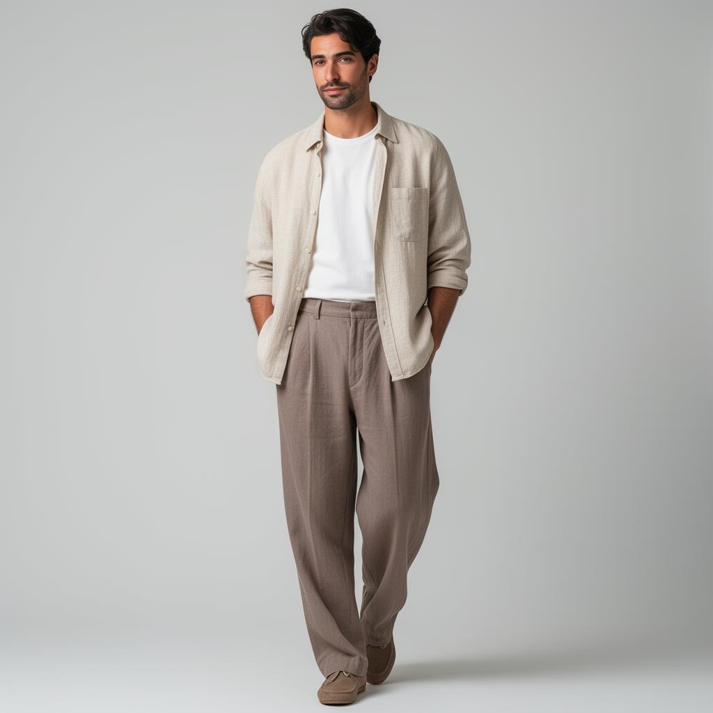 AI model wearing Linen overshirt